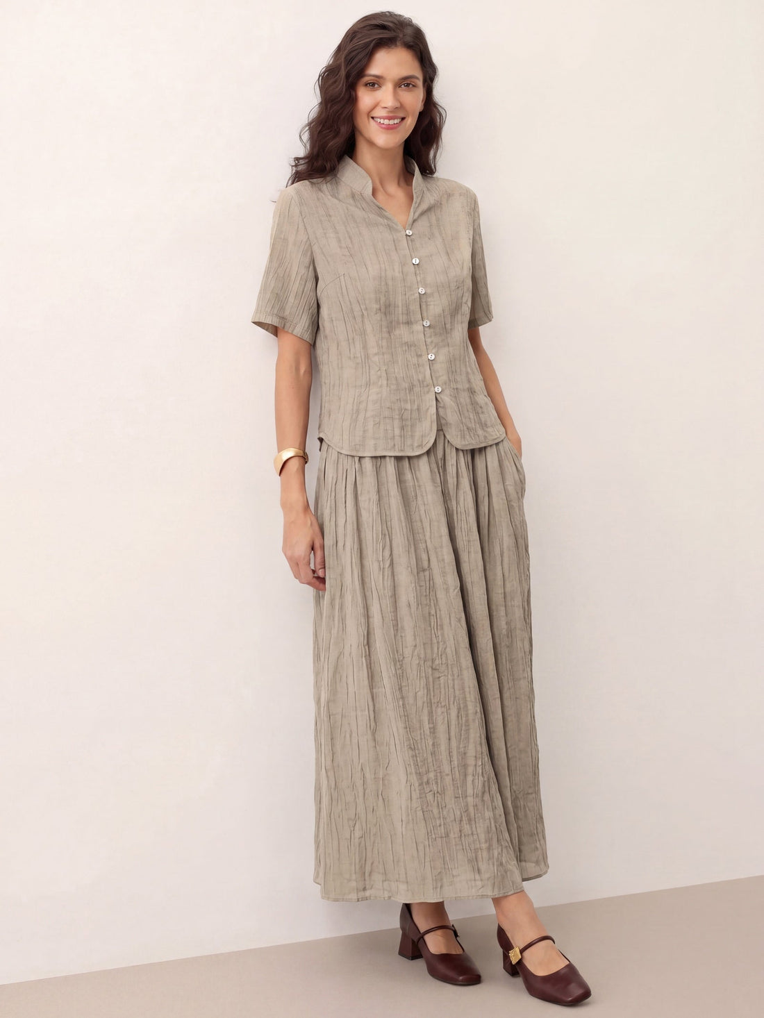 Ramie Lyocell Ruched Midi Skirt