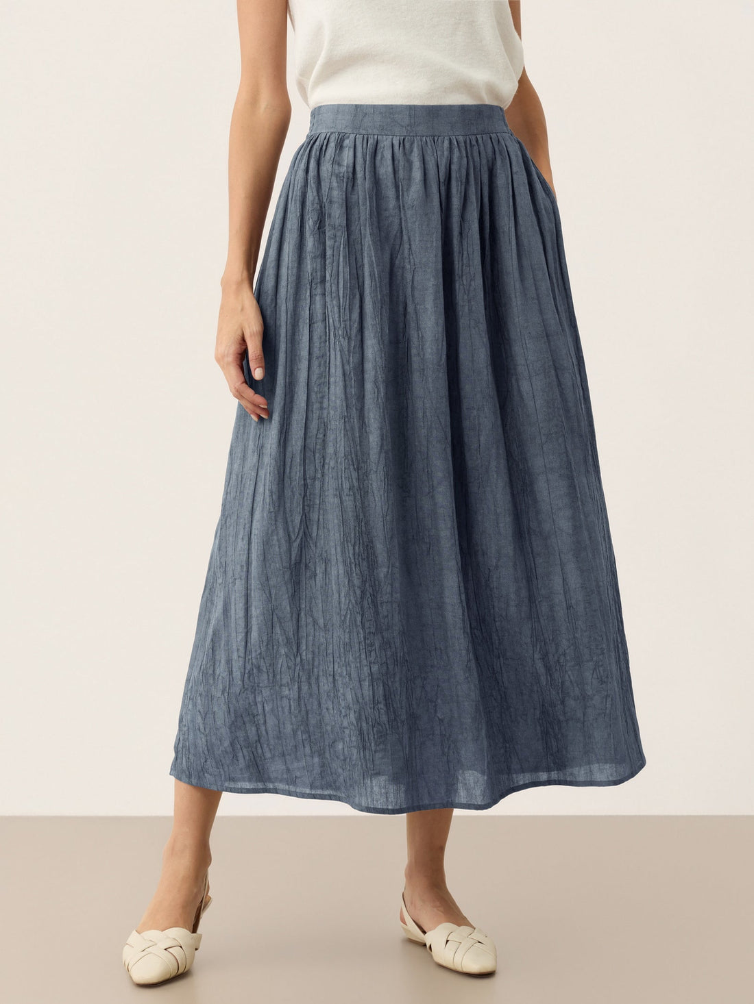 Ramie Lyocell Ruched Midi Skirt