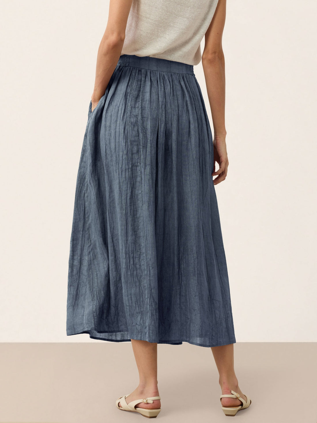 Ramie Lyocell Ruched Midi Skirt