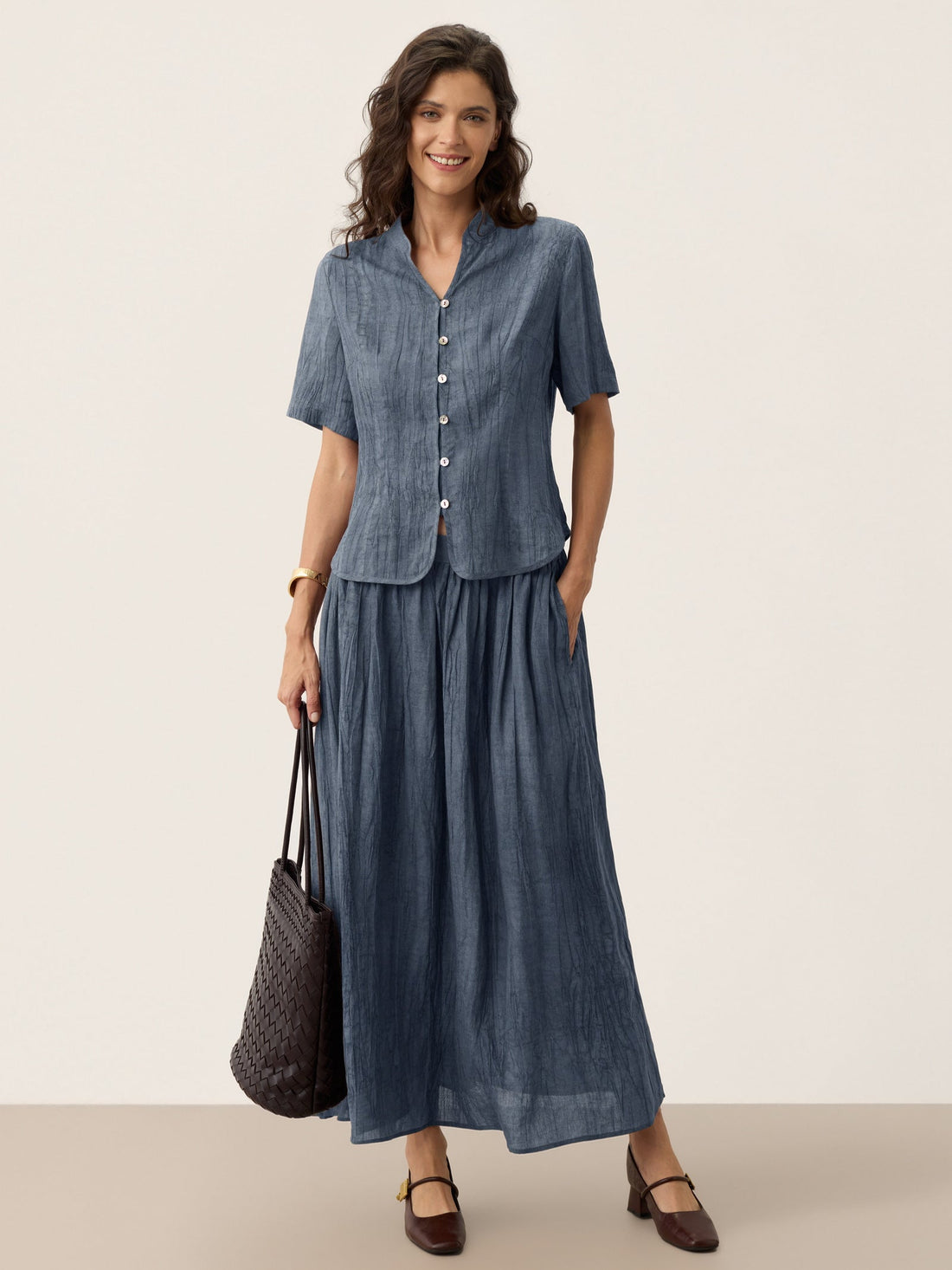 Ramie Lyocell Ruched Midi Skirt