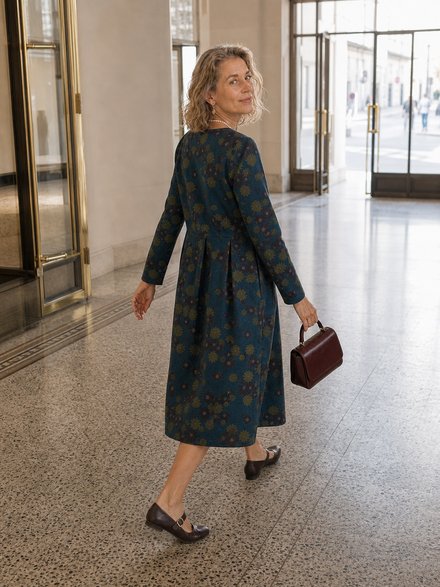 100% Cotton Pleated Long-Sleeve Midi Dress