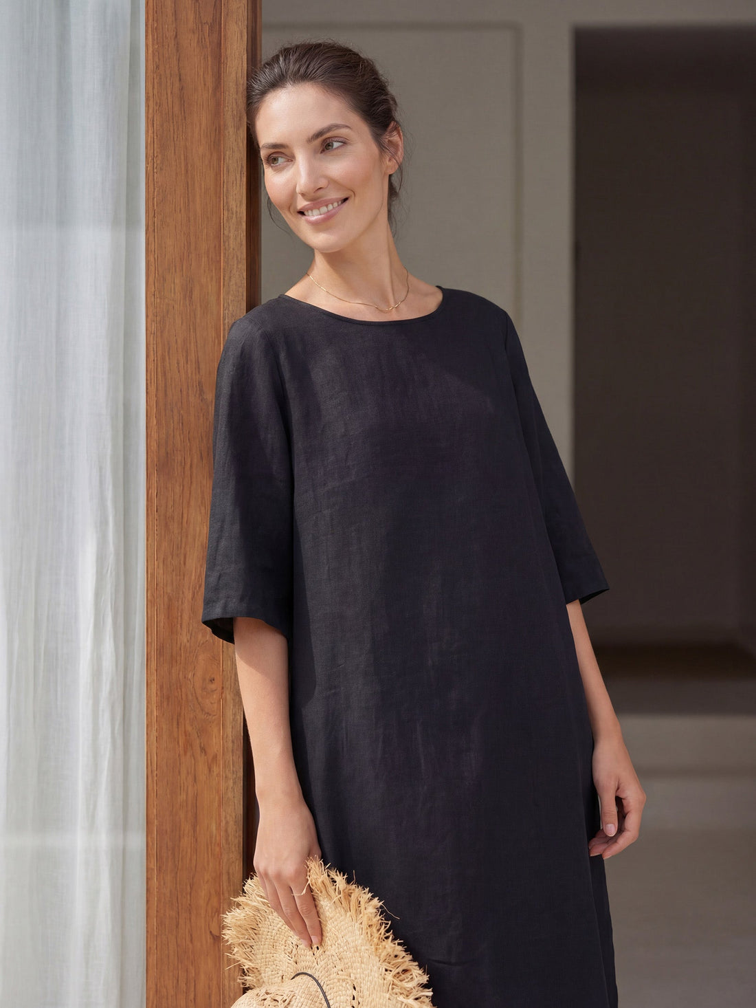 100% Linen Boat Neck Midi Dress