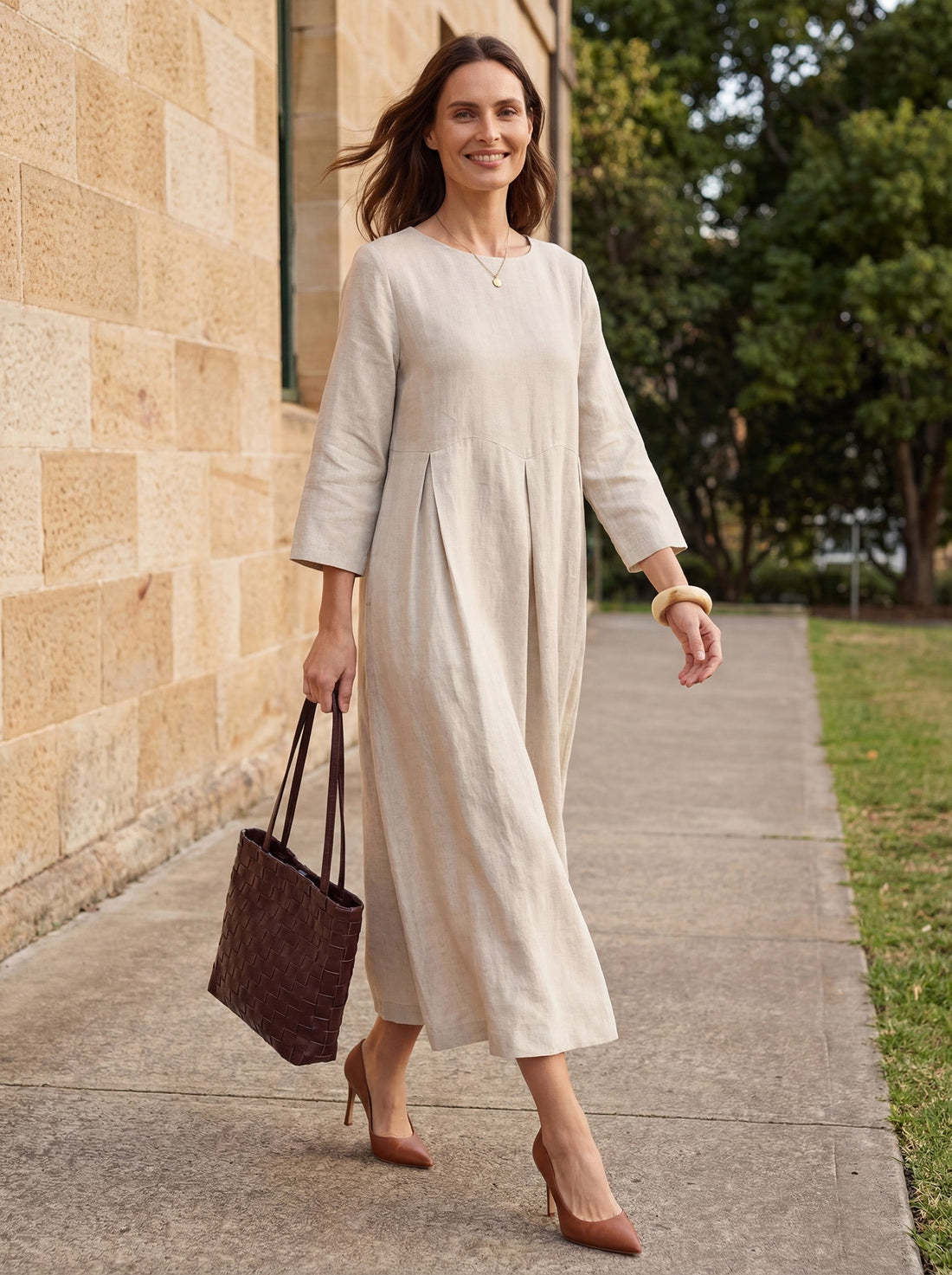 100% Linen Three-Quarter Sleeve Midi Dress