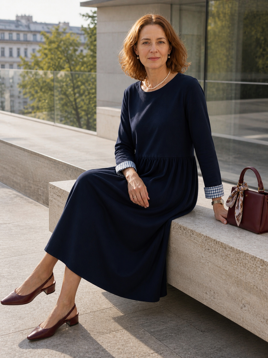 95% Cotton Ruched Long Sleeve Midi Dress