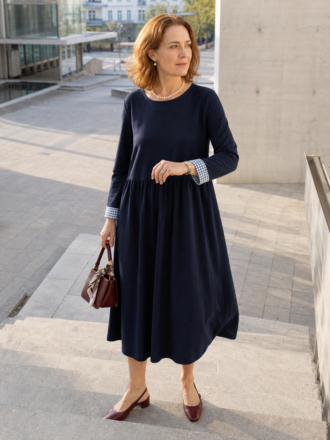 95% Cotton Ruched Long Sleeve Midi Dress
