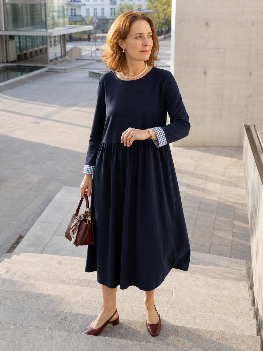 95% Cotton Ruched Long Sleeve Midi Dress