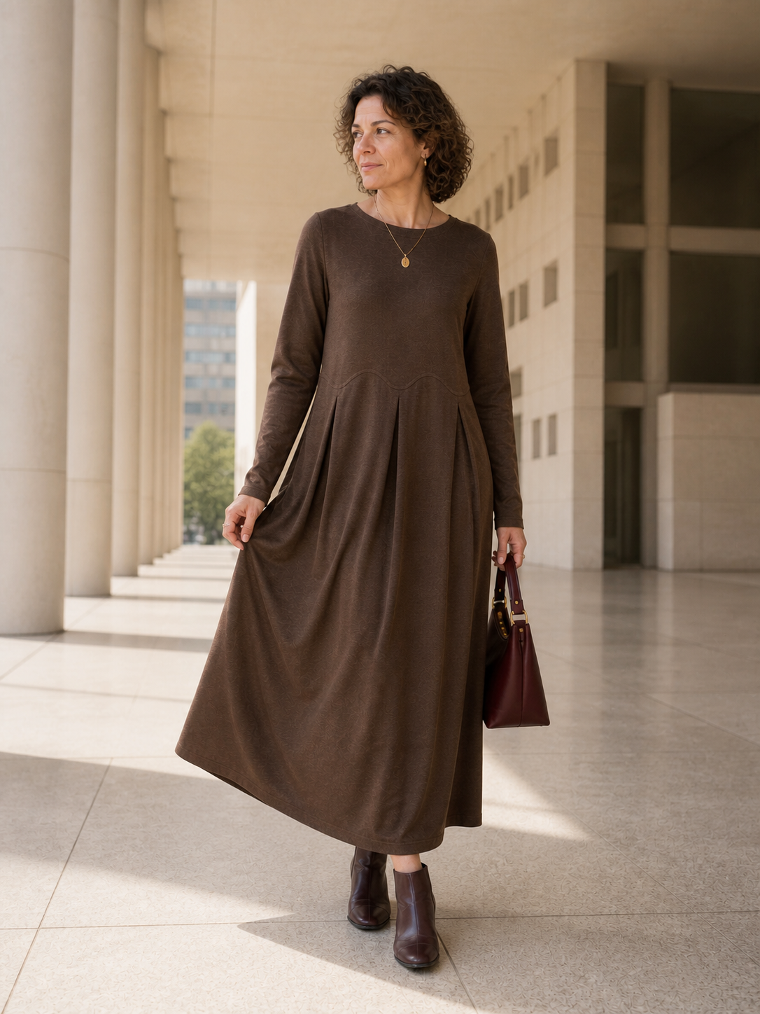Wool Blend Pleated Round Neck Midi Dress