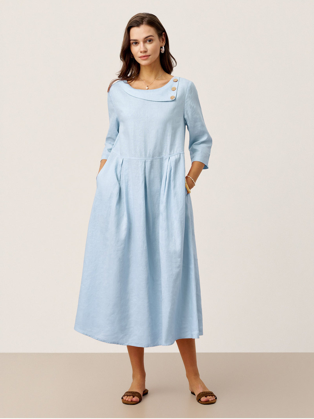 100% Linen Pocketed Three-Quarter Sleeve Midi Dress