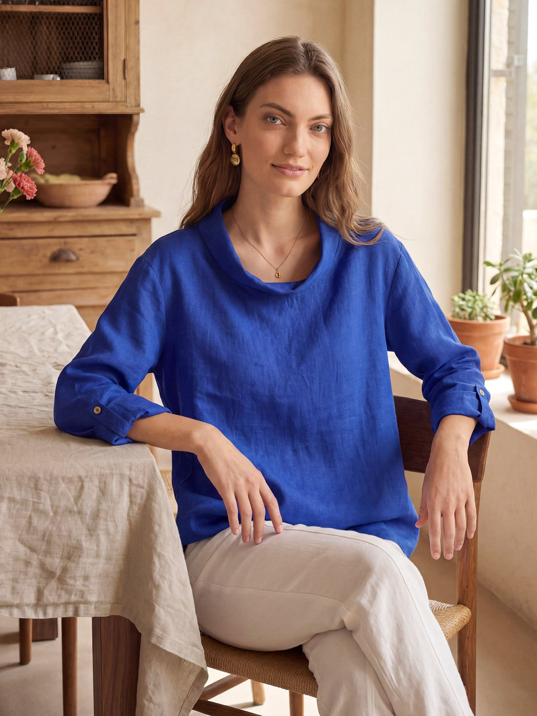 100% Linen Garment-Dyed Straight Blouse