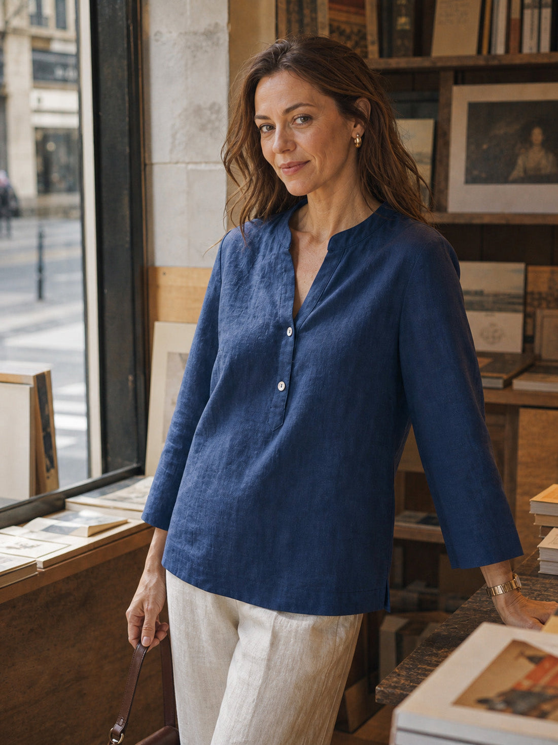 100% Linen Deep V-Neck Blouse With Button Trim