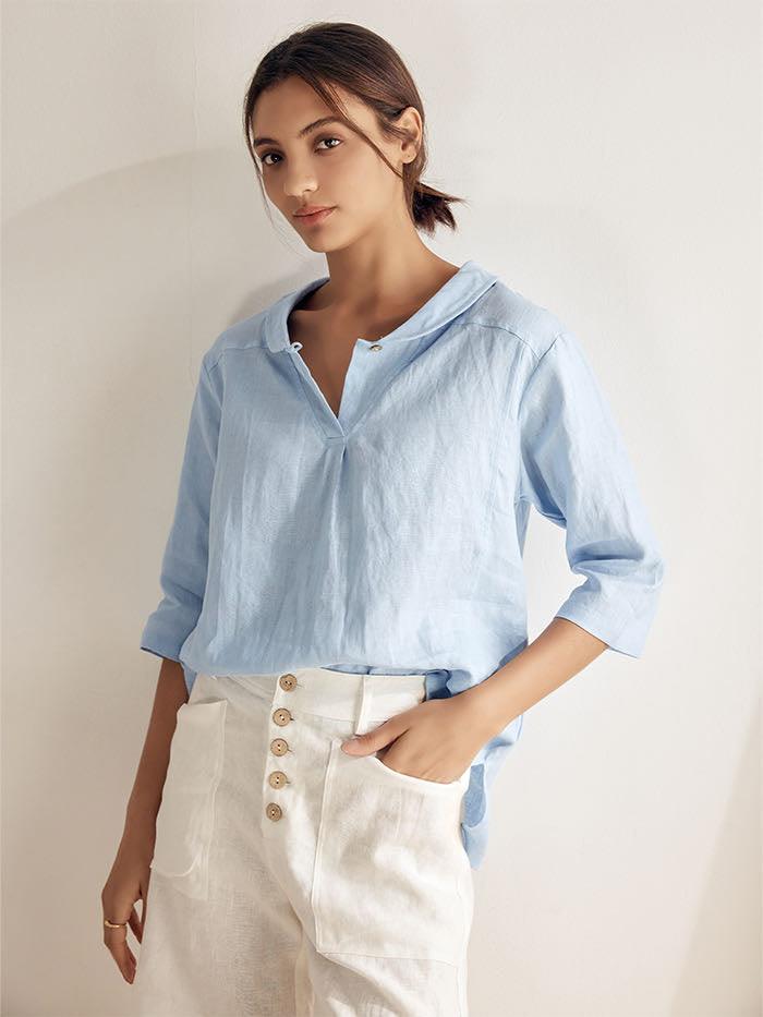 100% Linen V-Neck Three-Quarter Sleeve Blouse