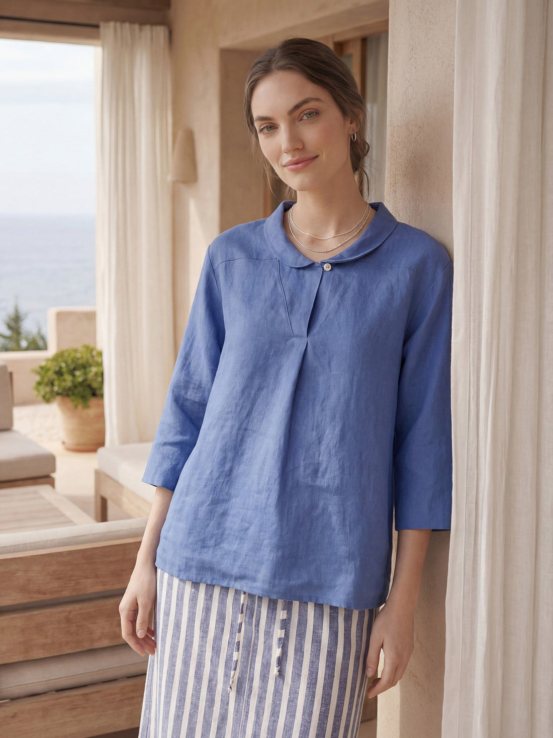 100% Linen V-Neck Three-Quarter Sleeve Blouse