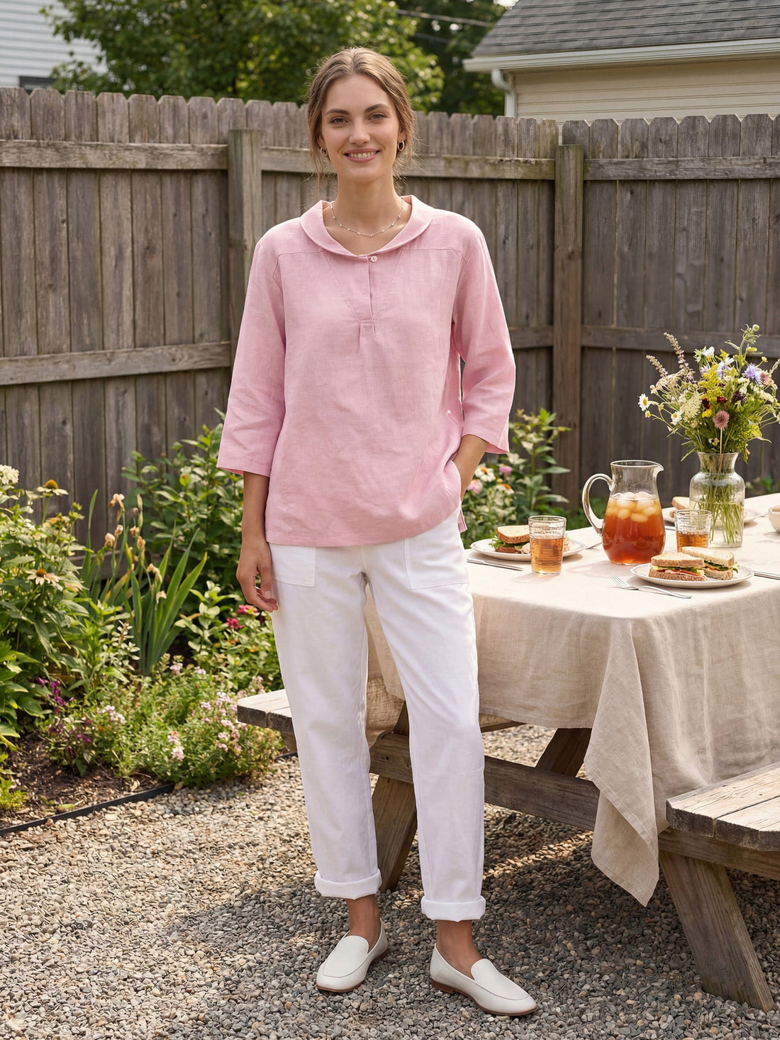100% Linen V-Neck Three-Quarter Sleeve Blouse