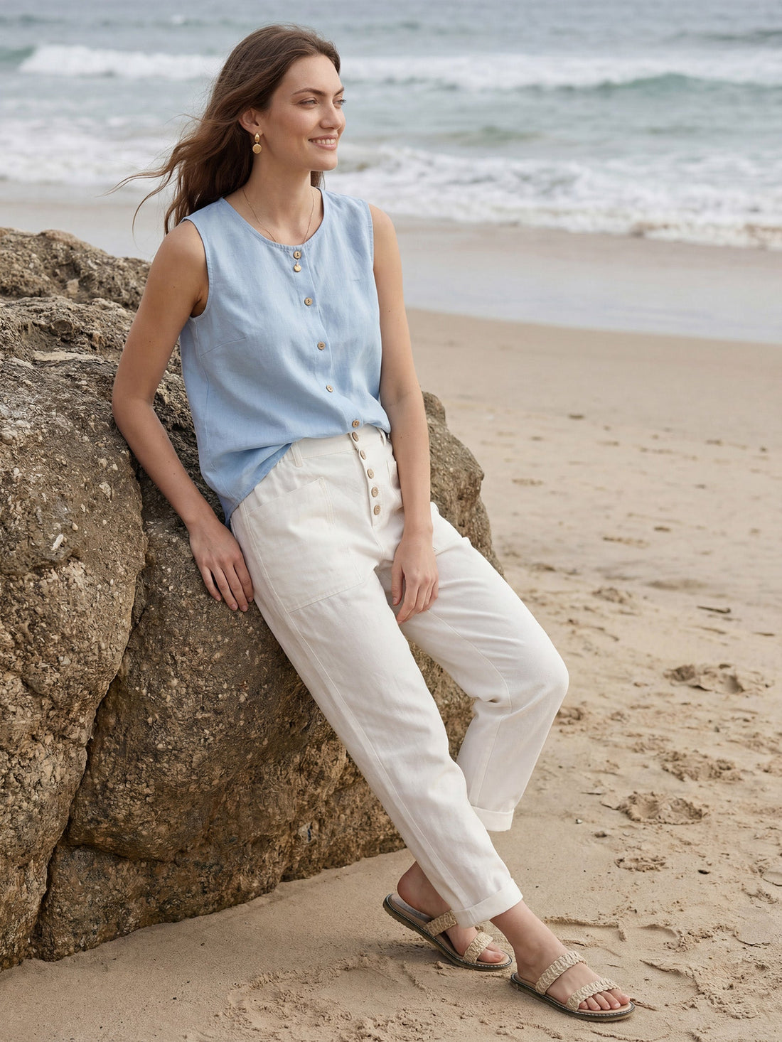 Linen Blend Patch-Pocket Straight-Leg Trousers