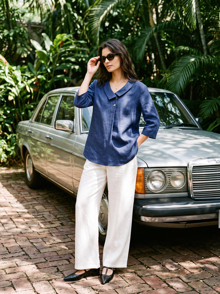 100% Linen Full-Elastic Waist Straight-Leg Pants