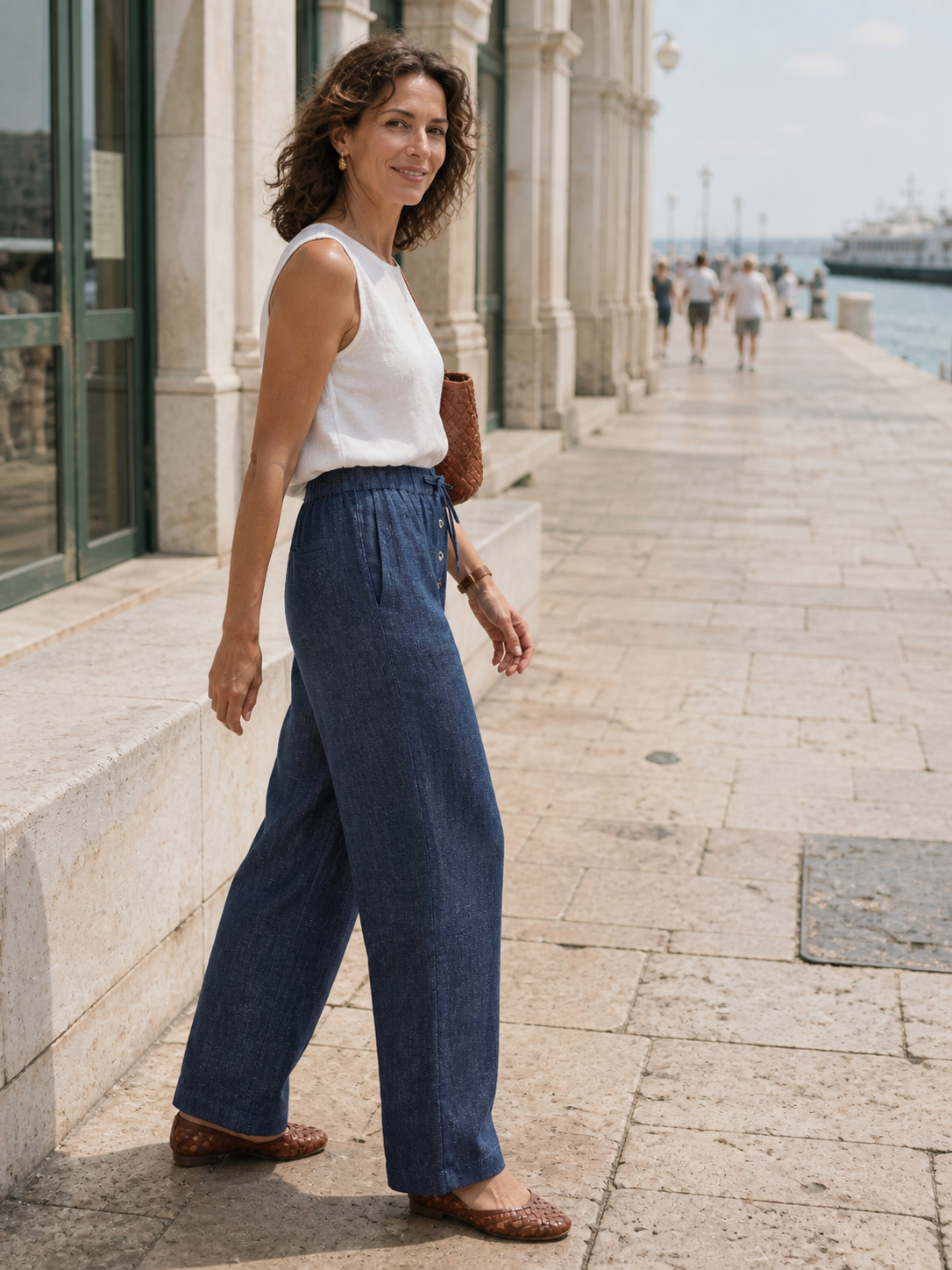 100% Linen Denim-Texture Elastic-Waist Straight-Leg Pants