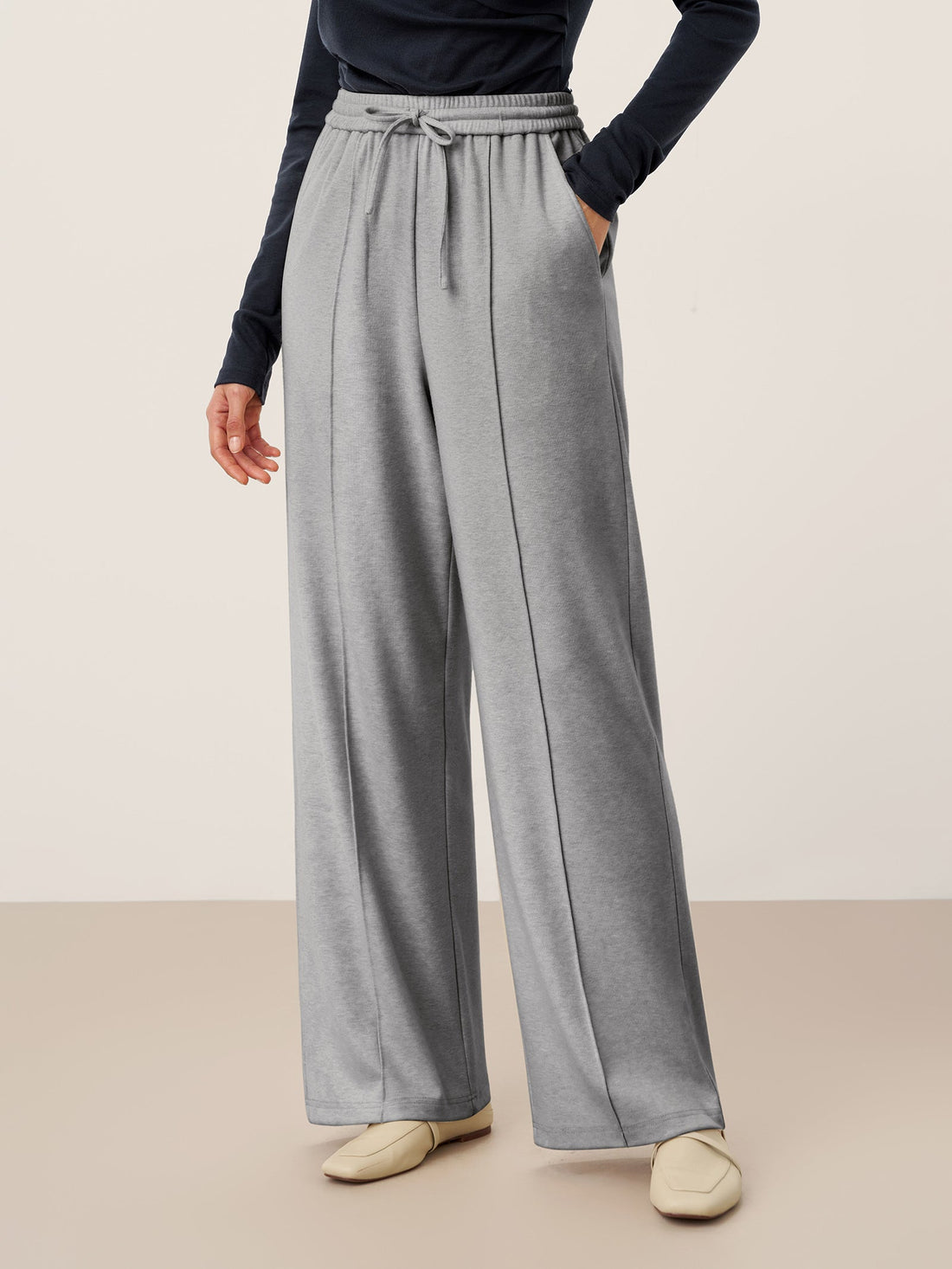 Wool Straight Leg Trousers with Elastic Waist