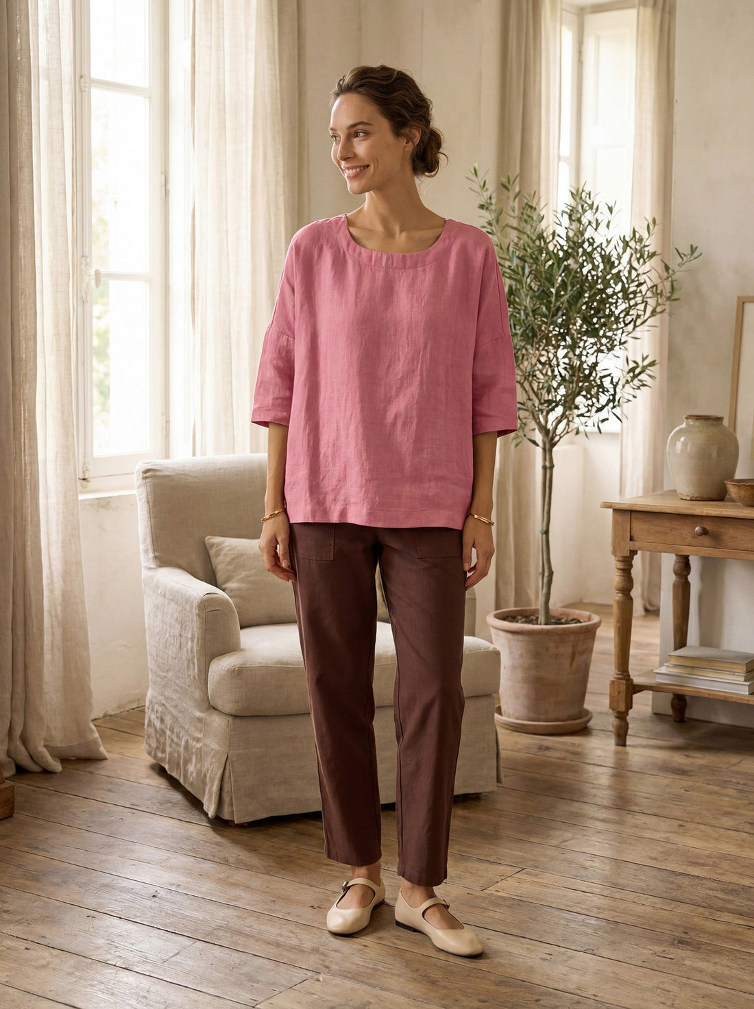 Linen Blend Patch-Pocket Straight-Leg Trousers