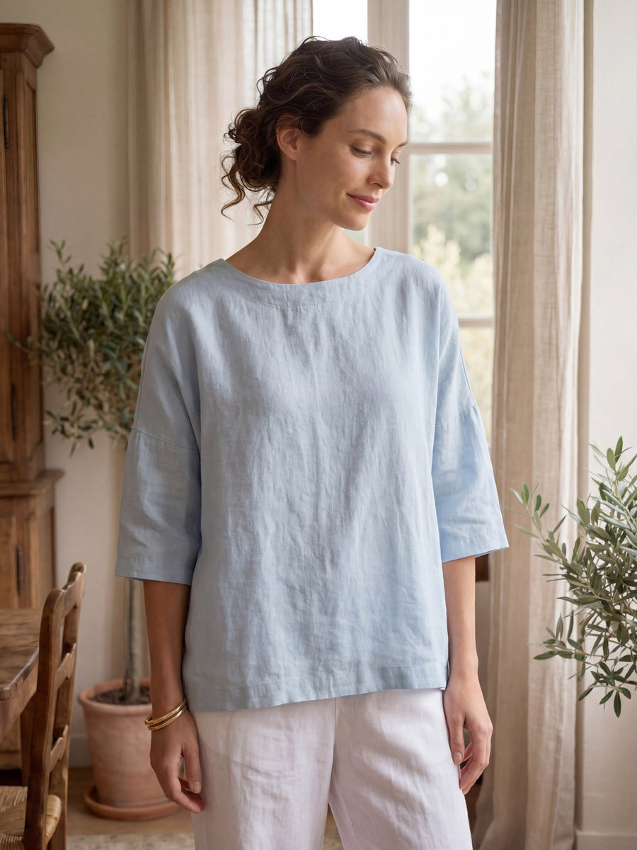 100% Linen Round Neck Oversized Blouse