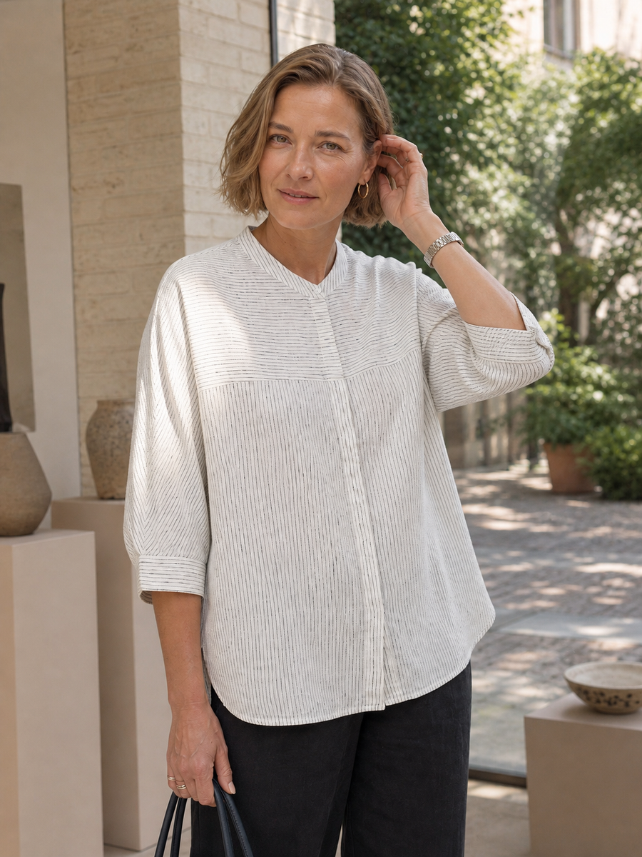 100% Linen Striped Three-Quarter Sleeve Shirt