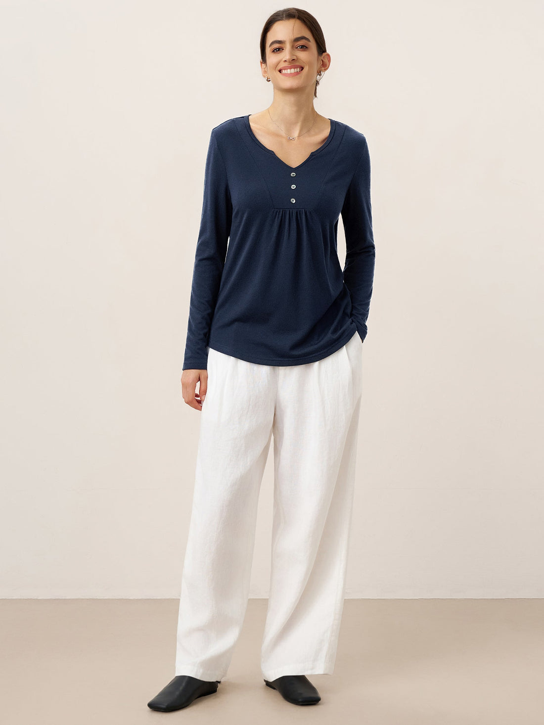 Jersey Knit Textured Pleated Long-Sleeve Top