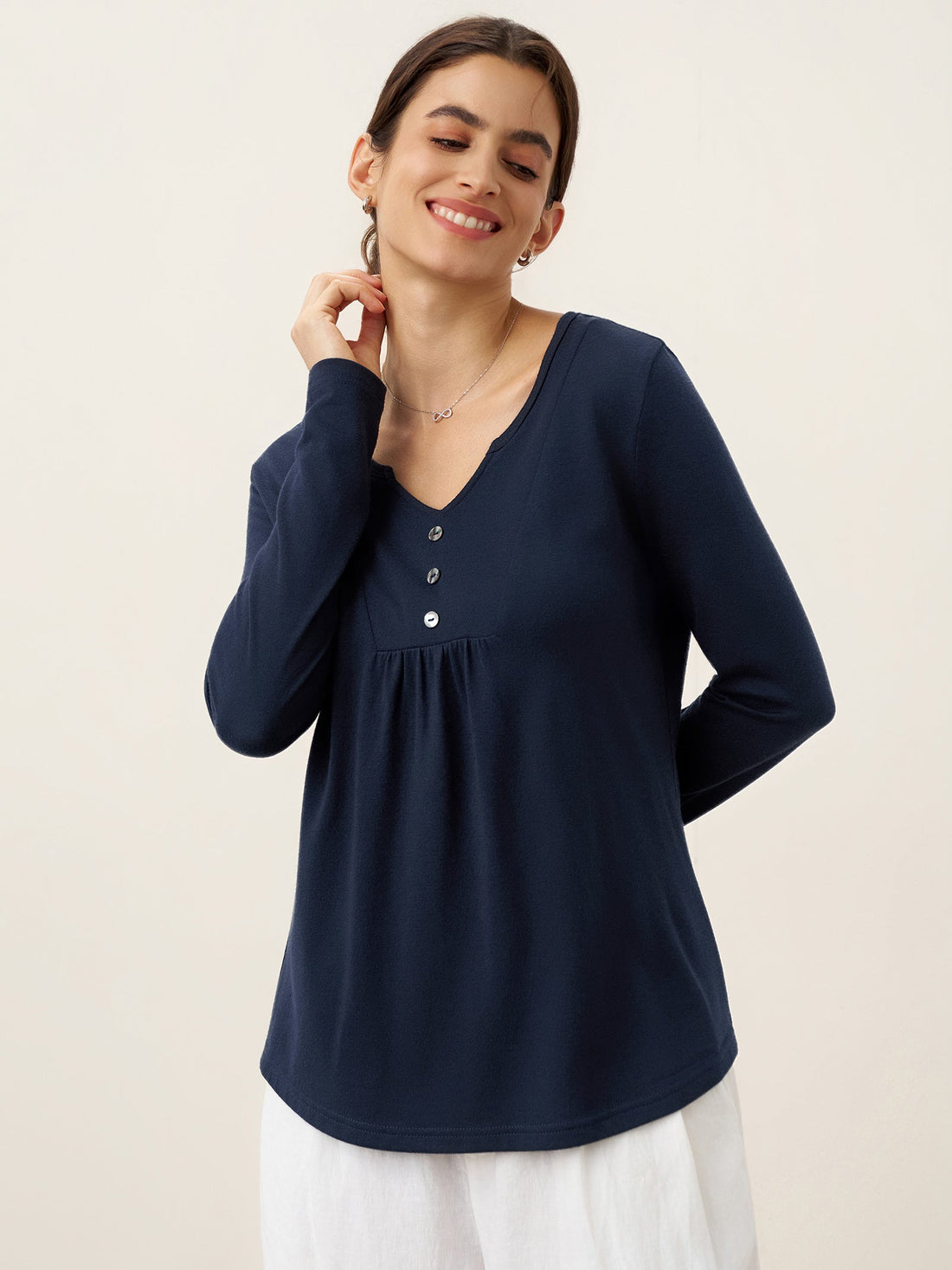 Jersey Knit Textured Pleated Long-Sleeve Top