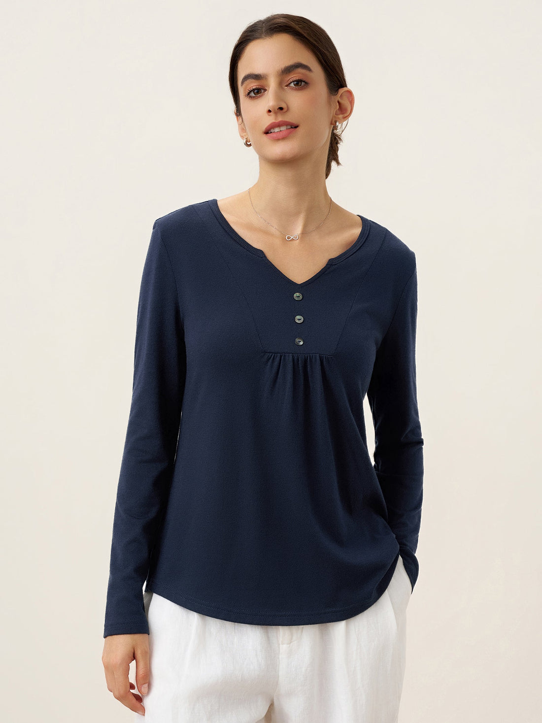 Jersey Knit Textured Pleated Long-Sleeve Top