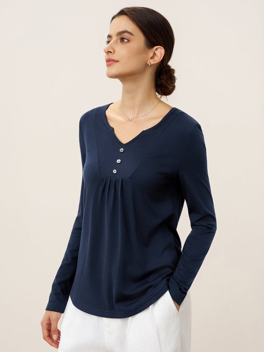 Jersey Knit Textured Pleated Long-Sleeve Top