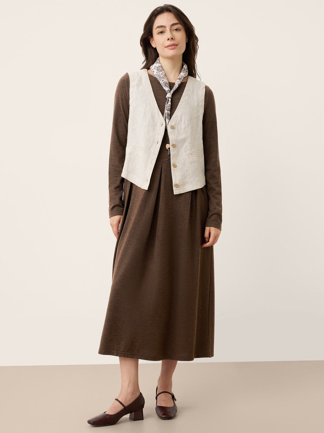 Wool Blend Pleated Round Neck Midi Dress