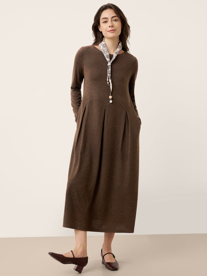Wool Blend Pleated Round Neck Midi Dress