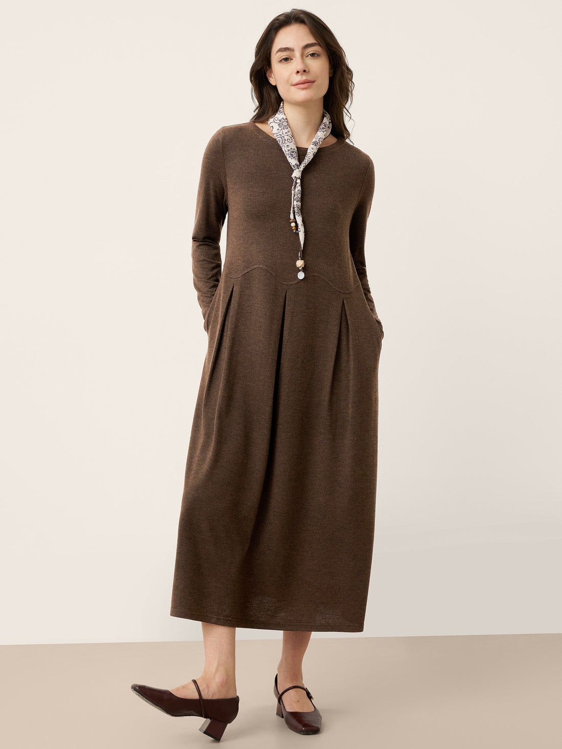 Wool Blend Pleated Round Neck Midi Dress