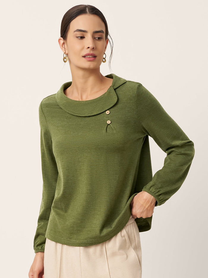 Wool Blend Asymmetric Pleated Long Sleeve Top