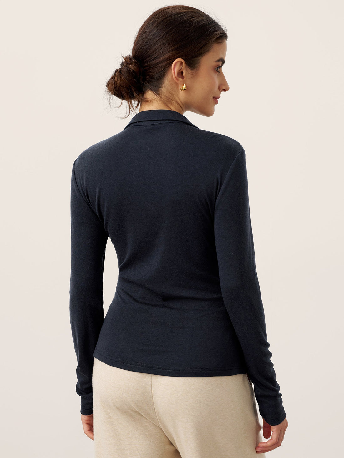 Wool Blend Pleated Stand Collar Jersey Top