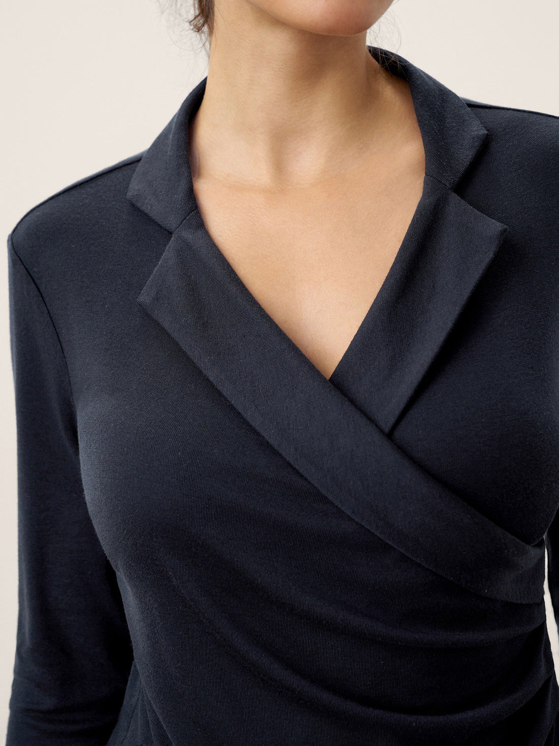 Wool Blend Pleated Stand Collar Jersey Top