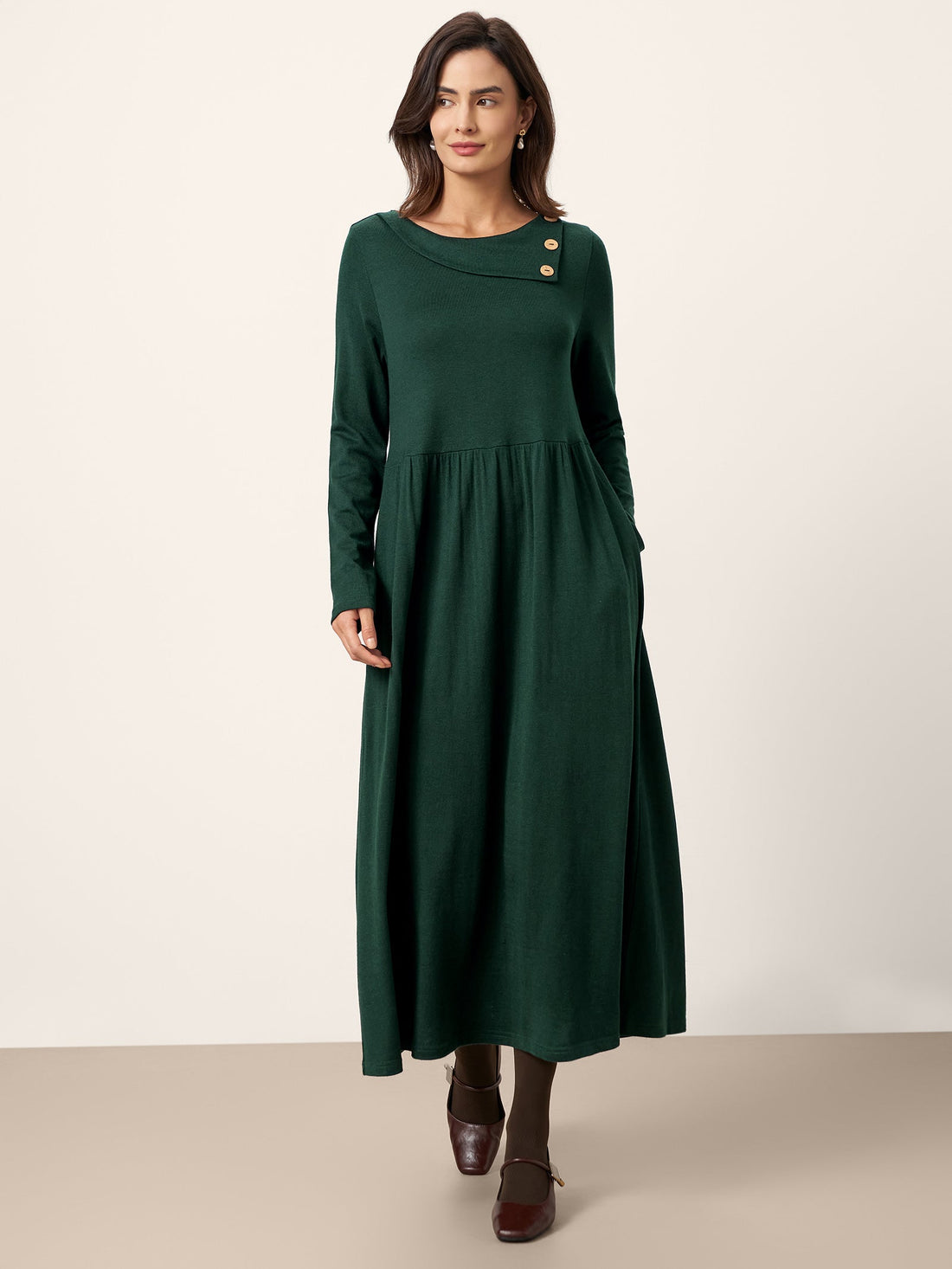 Wool Blend Ruched Long Sleeve Midi Dress