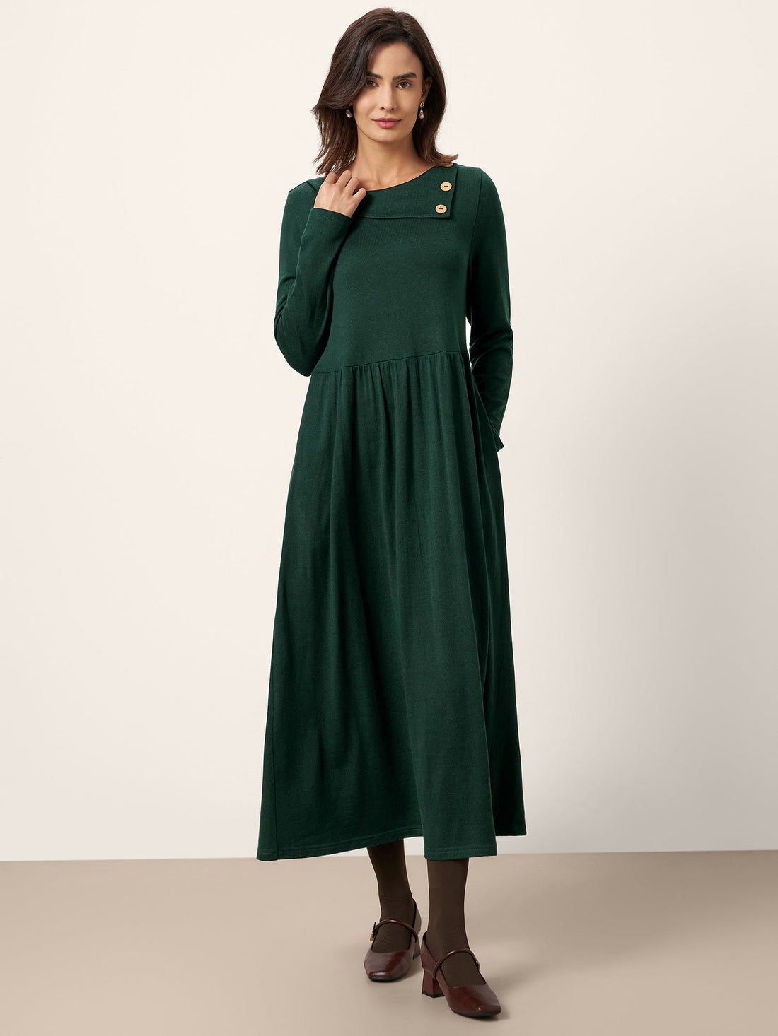 Wool Blend Ruched Long Sleeve Midi Dress