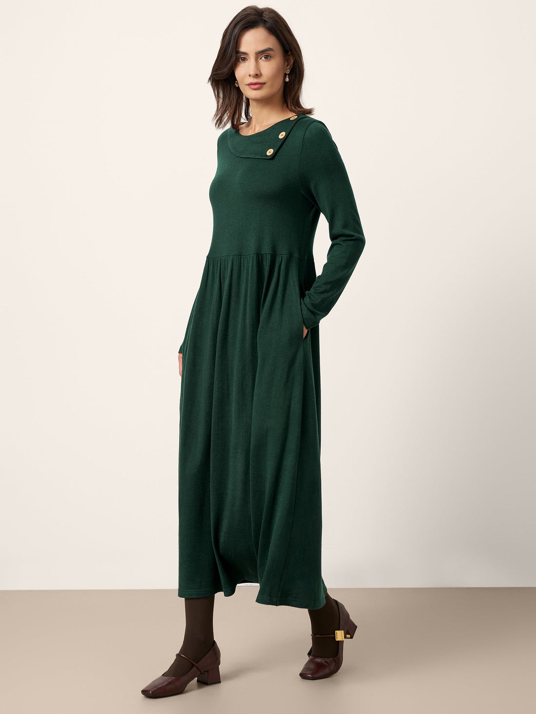 Wool Blend Ruched Long Sleeve Midi Dress
