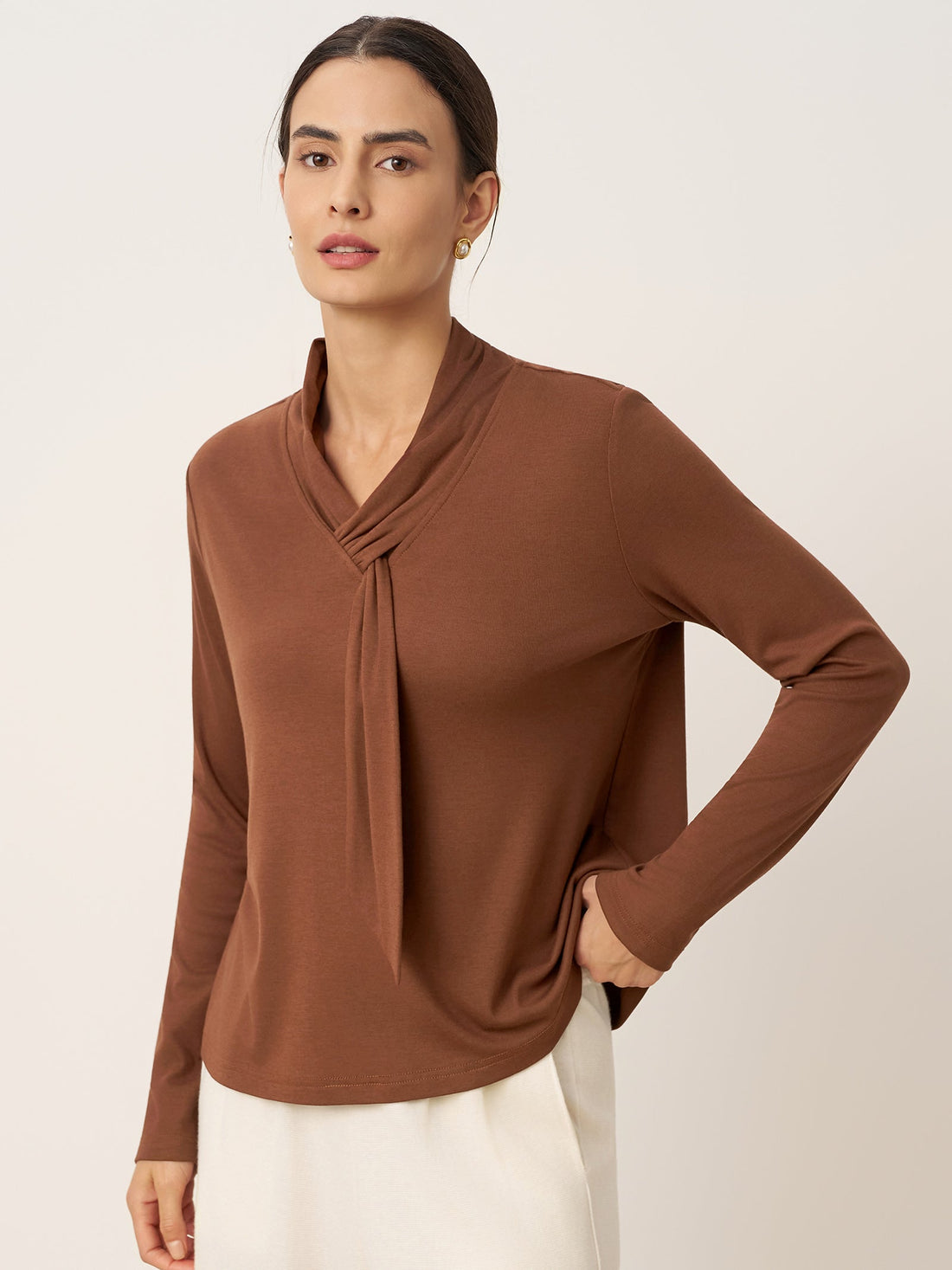 Wool V-Neck Long Sleeve Jersey Top