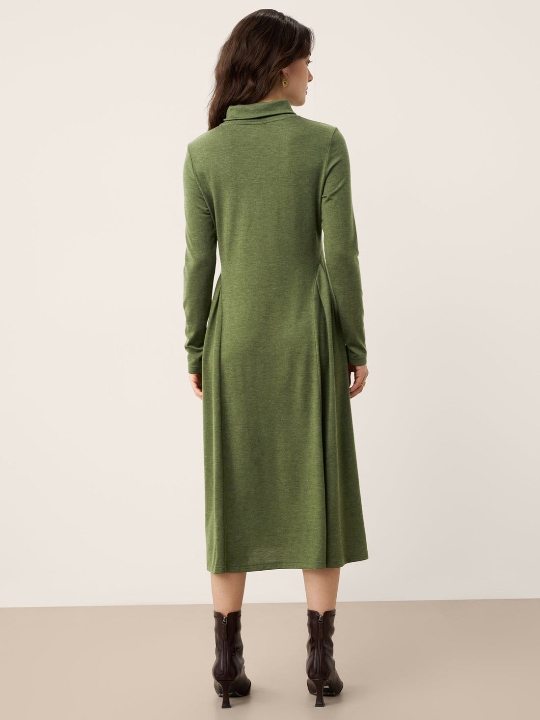 Wool Blend Pleated Midi Dress with Long Sleeves