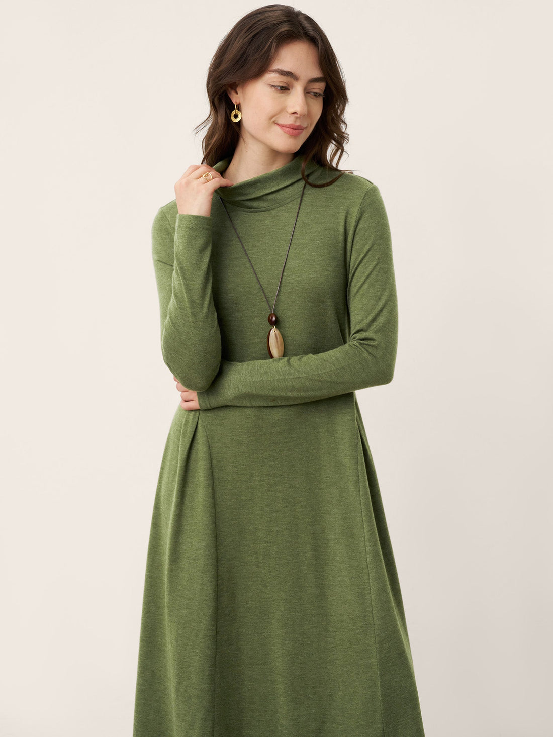 Wool Blend Pleated Midi Dress with Long Sleeves