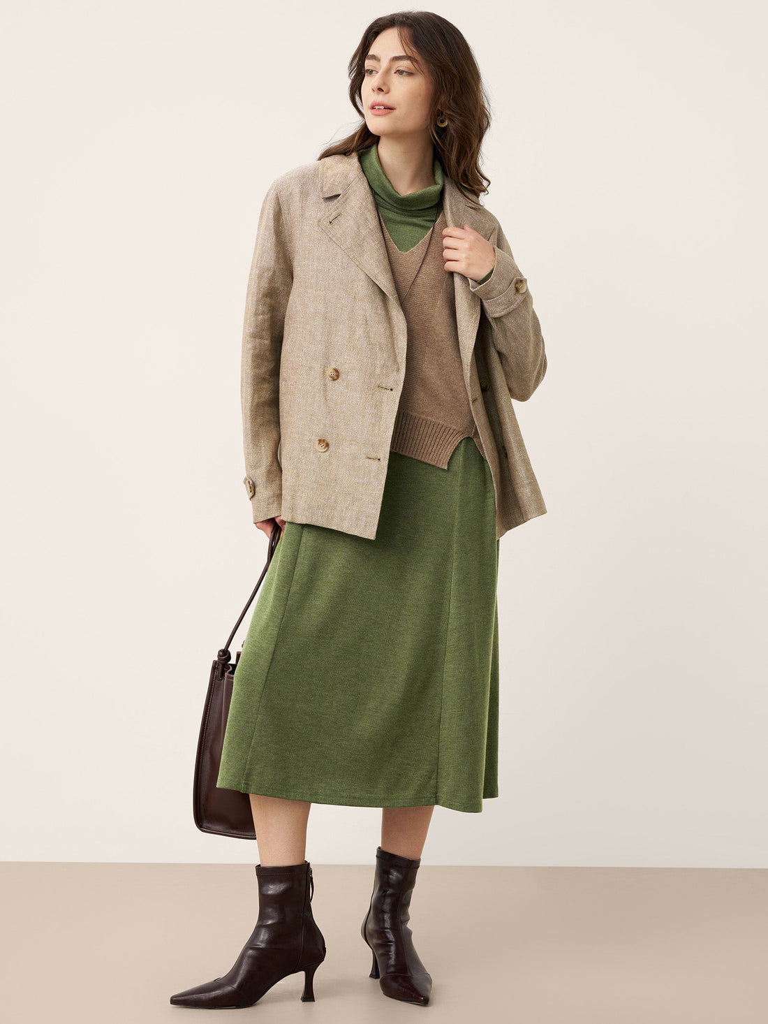 Wool Blend Pleated Midi Dress with Long Sleeves