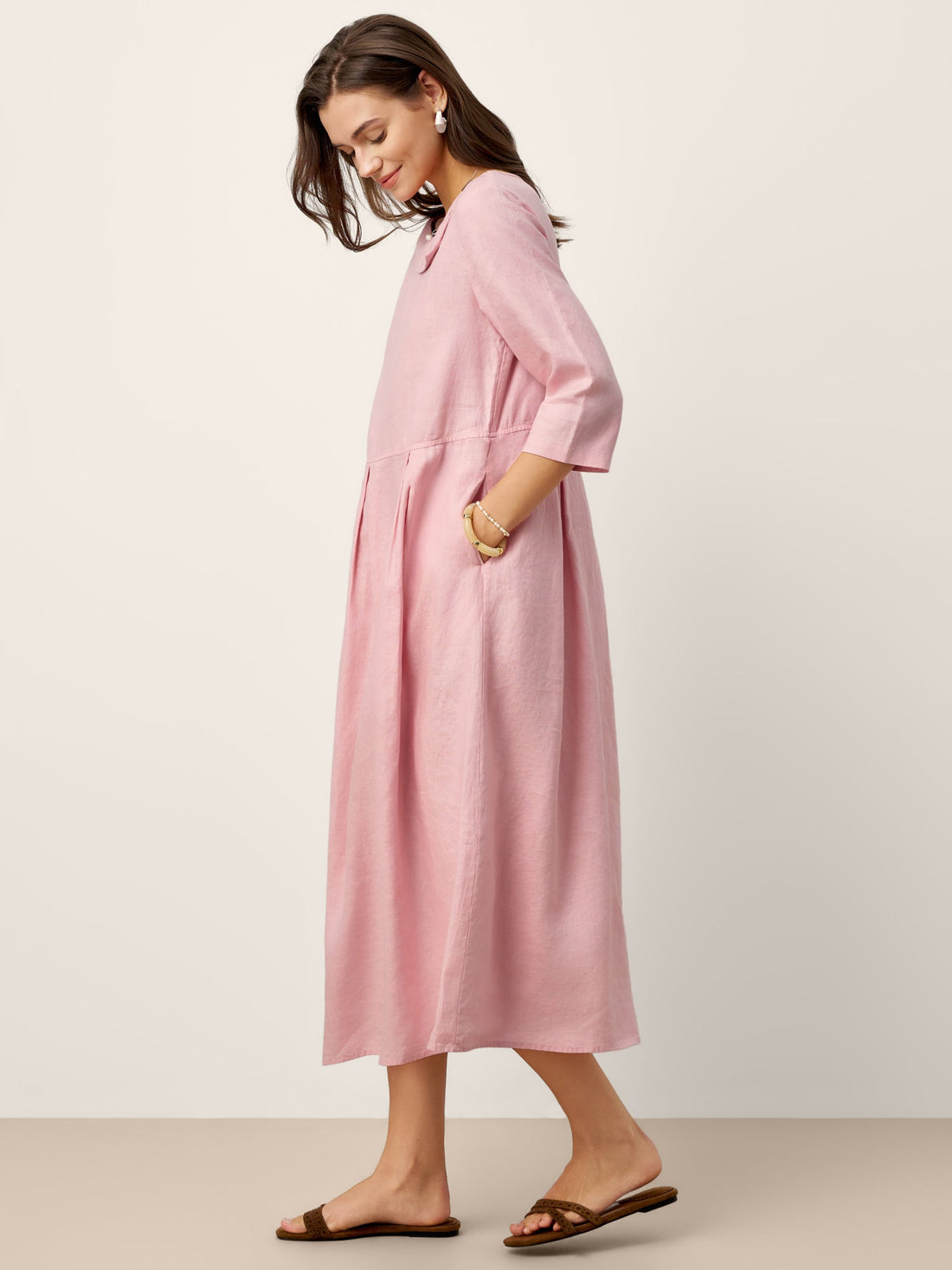 100% Linen Pocketed Three-Quarter Sleeve Midi Dress