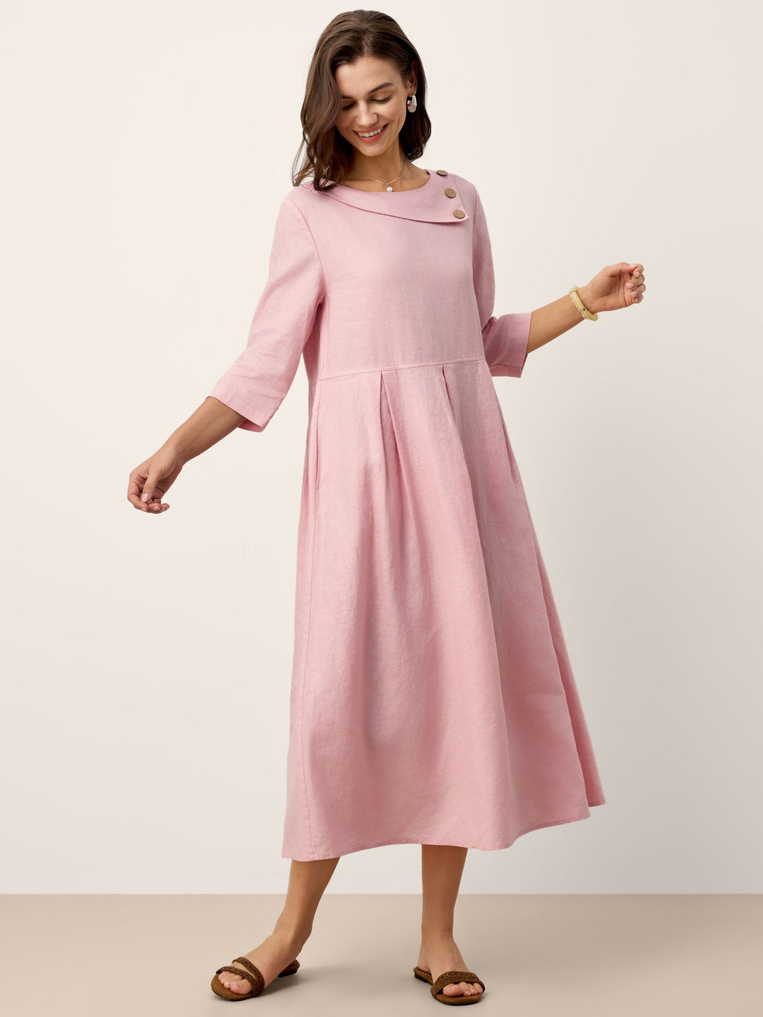 100% Linen Pocketed Three-Quarter Sleeve Midi Dress