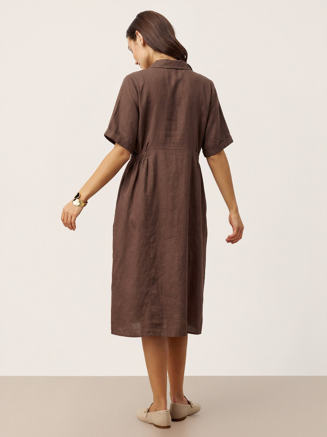 100% Linen Tailored Button-Front Midi Dress