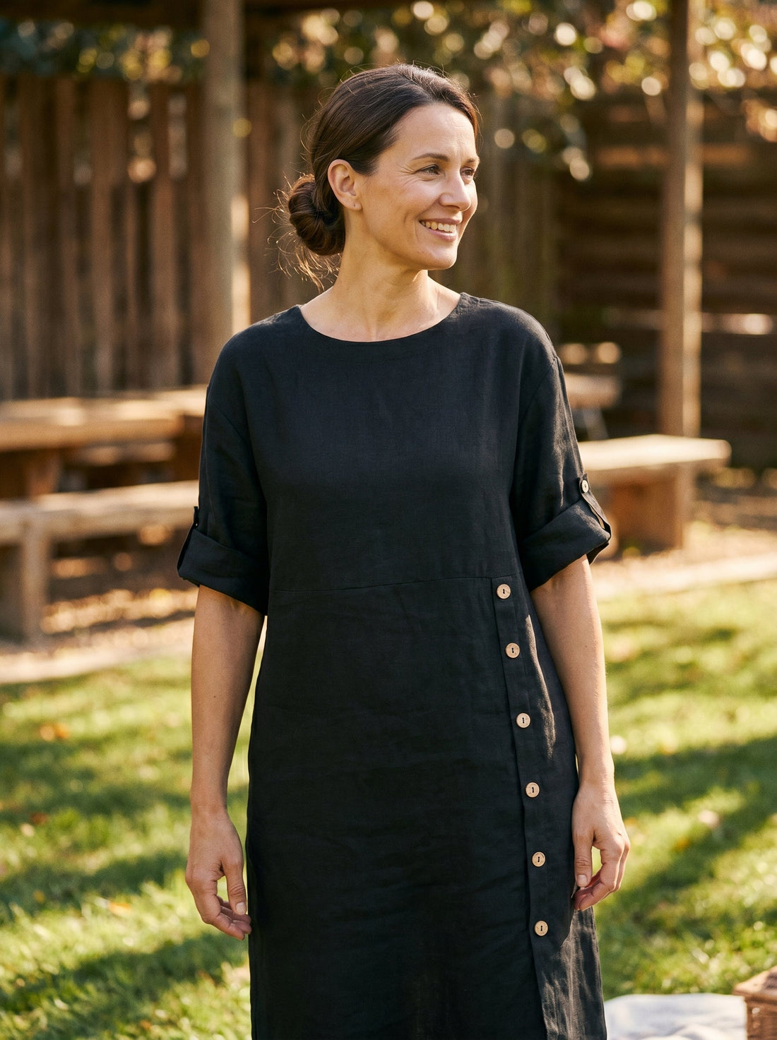 100% Linen Asymmetric Round Neck Midi Dress