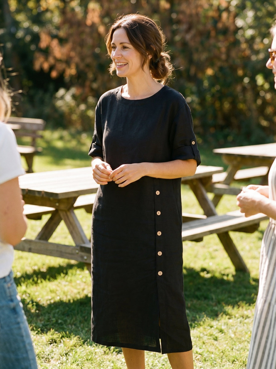 100% Linen Asymmetric Round Neck Midi Dress