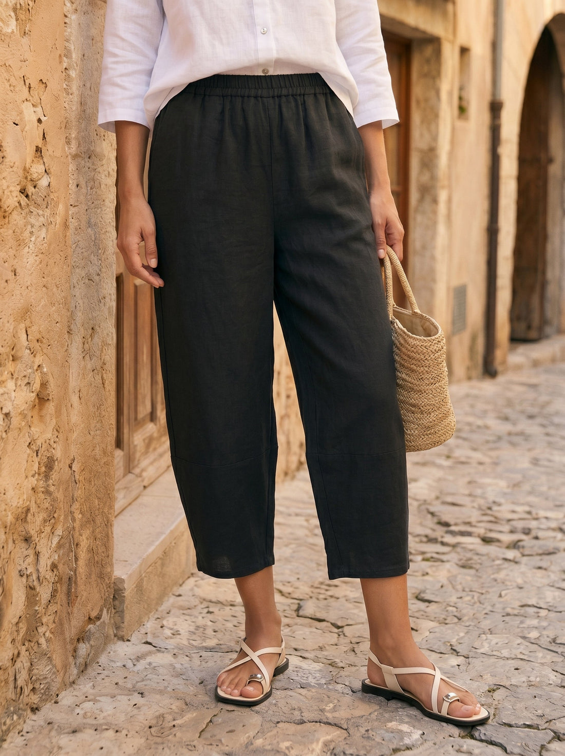 100% Linen Garment-Dyed Crop Barrel Pants