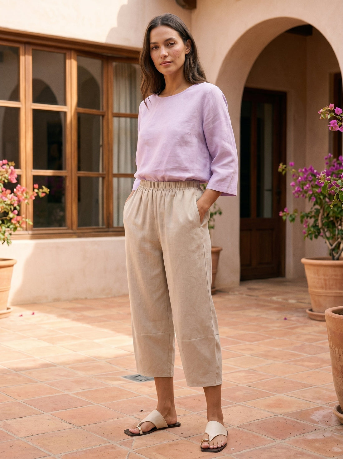100% Linen Garment-Dyed Crop Barrel Pants