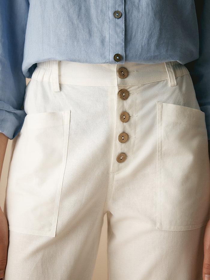 Linen Blend Patch-Pocket Straight-Leg Trousers