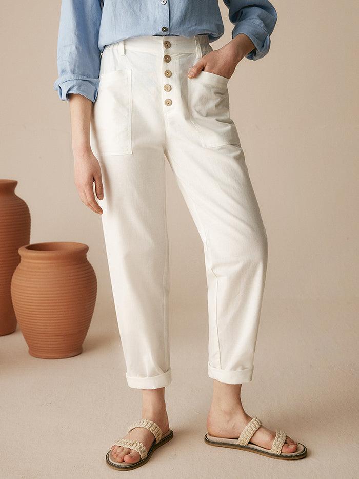 Linen Blend Patch-Pocket Straight-Leg Trousers